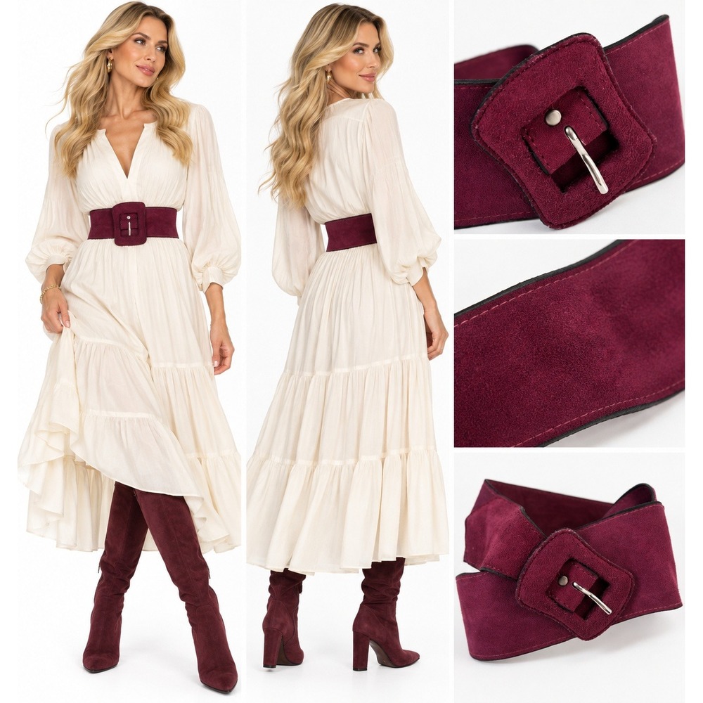 Elegant Belt 32 Burgundy Suede Wide Waist Cinch Covered Buckle Retro 80s Style